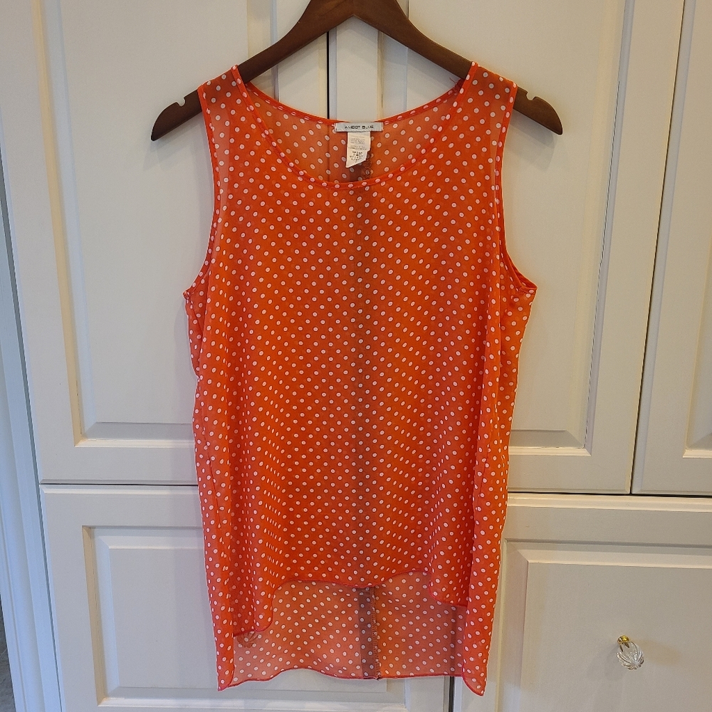 Amber Blue Womens Polka Dot Tank Top Medium Orange Chiffon Lightweight Nautical